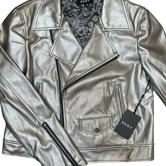 DKNY Metallic Silver Faux Leather Moto Jacket Size Medium - Picture 4 of 11